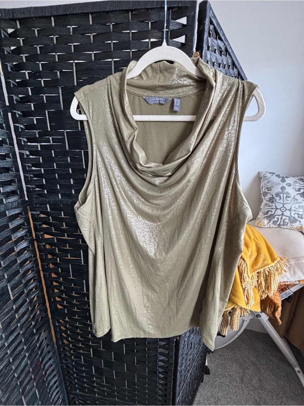 Lisa Rinna Collection Metallic Olive Cowl Neck Sleeveless Top